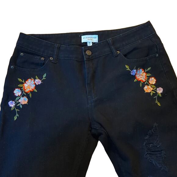 Blu Pepper Denim Straight Cropped, Embroidered Floral, Raw Hem Boho Jeans - Picture 3 of 5